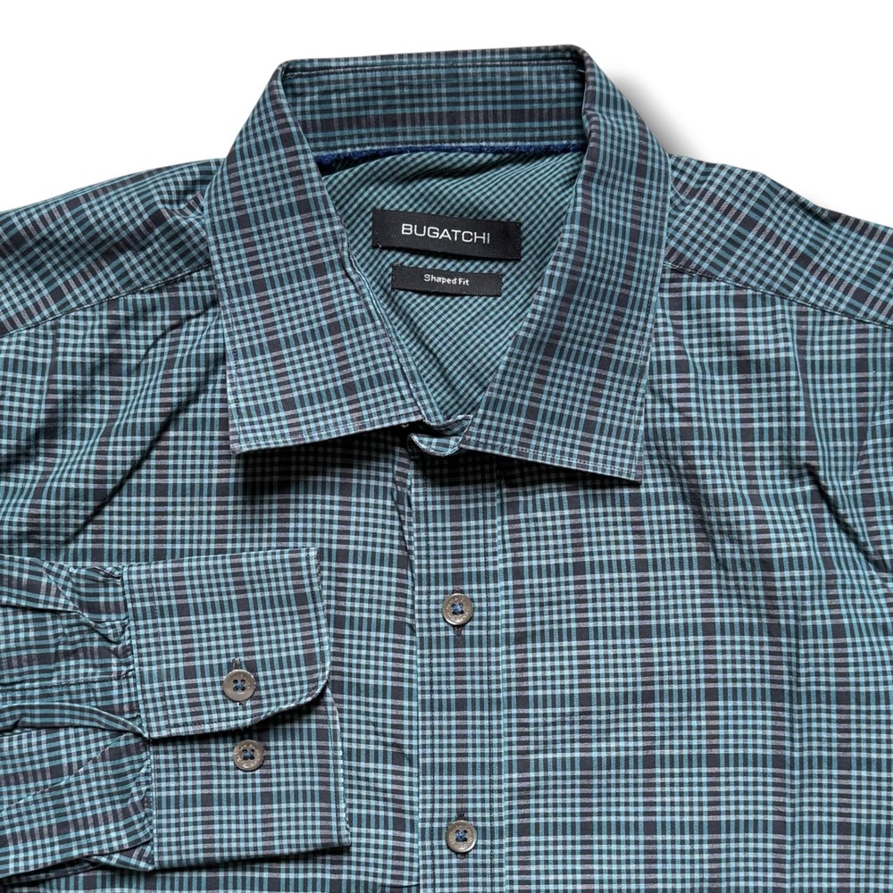 Bugatchi Shaped Fit Mens Long Sleeve Button Down Shirt Teal Black Check XL